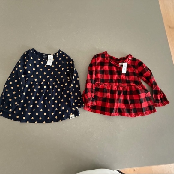NWT 2 Toddler 3T 3 Years Girl Gap Peplum Long Sleeve Tops Red Buffalo Navy Polka - Picture 1 of 9